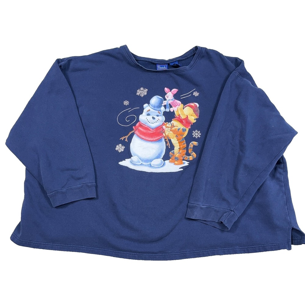 Vintage Winnie The Pooh Sweatshirt Women 4X Blue Crewneck Disney Snowman Winter